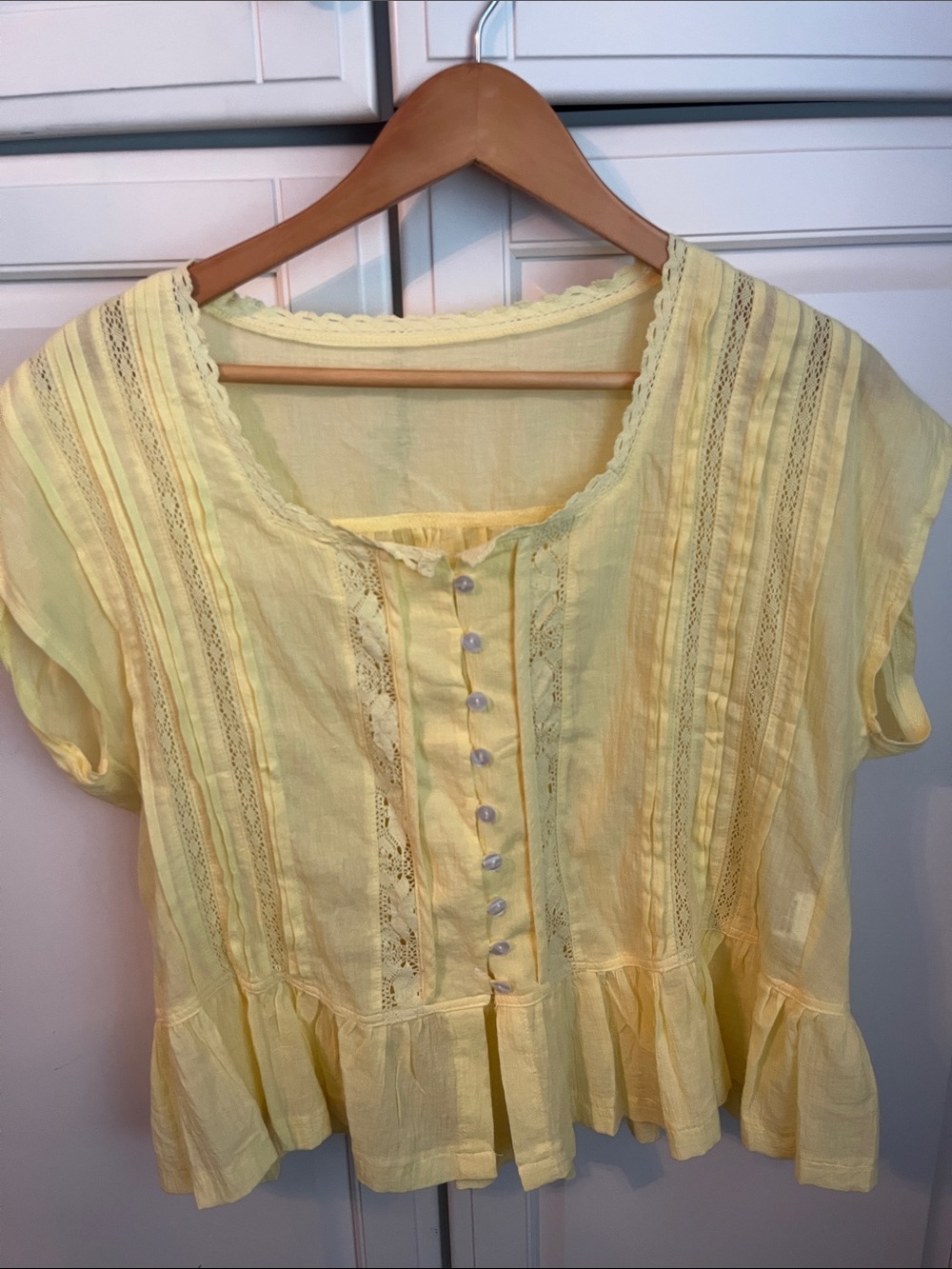 Amazon Yellow Lace-Trim Peplum Button Front Top